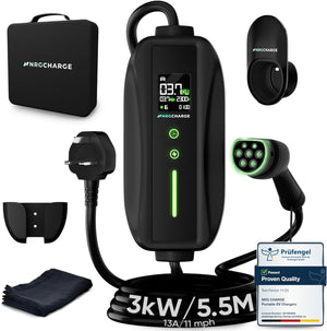 EV Charger 3 Pin Plug | Portable EV Charger Type 2, 3kW | Single Phase, Cabel, 6-13A | Electric Car Charger | Home Car Charger | Fast Charging, Compact, Travel-Friendly (3kW, 5,5 Meter)