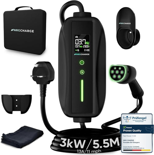 EV Charger 3 Pin Plug | Portable EV Charger Type 2, 3kW | Single Phase, Cabel, 6-13A | Electric Car Charger | Home Car Charger | Fast Charging, Compact, Travel-Friendly (3kW, 5,5 Meter)