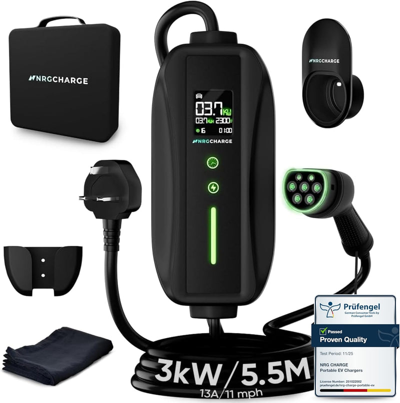 EV Charger 3 Pin Plug | Portable EV Charger Type 2, 3kW | Single Phase, Cabel, 6-13A | Electric Car Charger | Home Car Charger | Fast Charging, Compact, Travel-Friendly (3kW, 5,5 Meter)