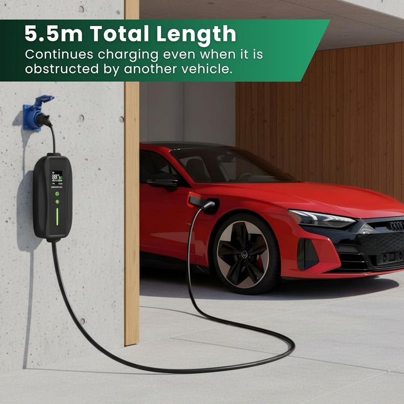 EV Charger CEE 32A Plug | Portable EV Charger Type 2, 7kW | Single Phase, Cabel, 6-32A | Electric Car Charger | Home Car Charger | Fast Charging, Compact, Travel-Friendly (7kW, 5,5 Meter)