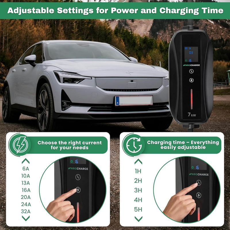 EV Charger CEE 32A Plug | Portable EV Charger Type 2, 7kW | Single Phase, Cabel, 6-32A | Electric Car Charger | Home Car Charger | Fast Charging, Compact, Travel-Friendly (7kW, 5,5 Meter)