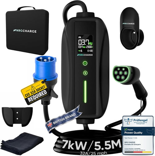 EV Charger CEE 32A Plug | Portable EV Charger Type 2, 7kW | Single Phase, Cabel, 6-32A | Electric Car Charger | Home Car Charger | Fast Charging, Compact, Travel-Friendly (7kW, 5,5 Meter)
