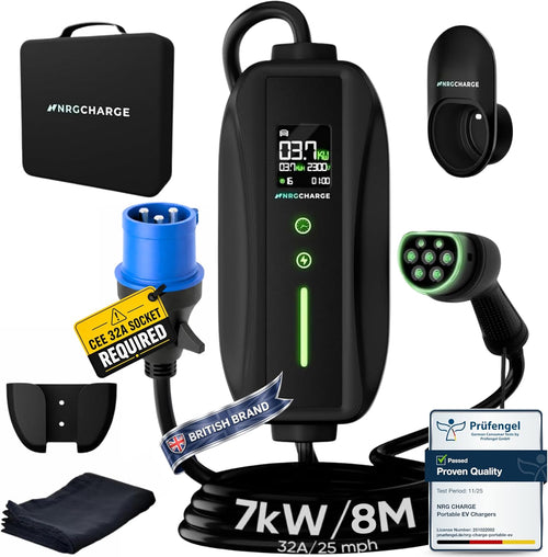 EV Charger CEE 32A Plug | Portable EV Charger Type 2, 3-7kW | Single Phase, Cabel, 6-32A | Electric Car Charger | Home Car Charger | Fast Charging, Compact, Travel-Friendly (7kW, 8 Meter)