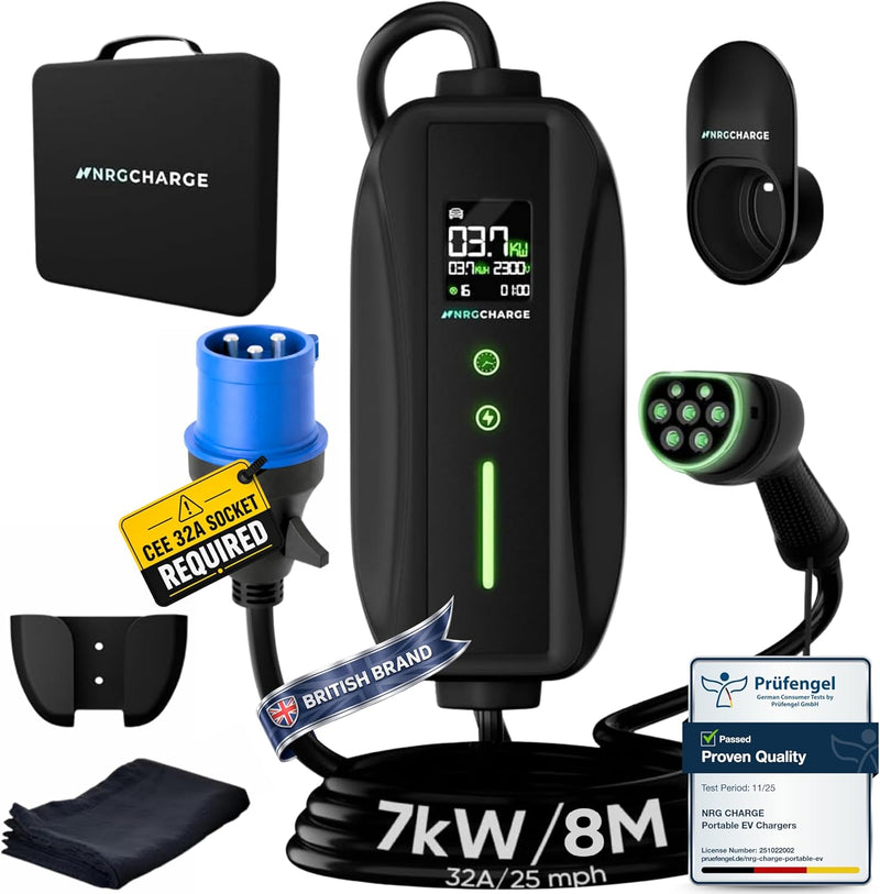 EV Charger CEE 32A Plug | Portable EV Charger Type 2, 3-7kW | Single Phase, Cabel, 6-32A | Electric Car Charger | Home Car Charger | Fast Charging, Compact, Travel-Friendly (7kW, 8 Meter)