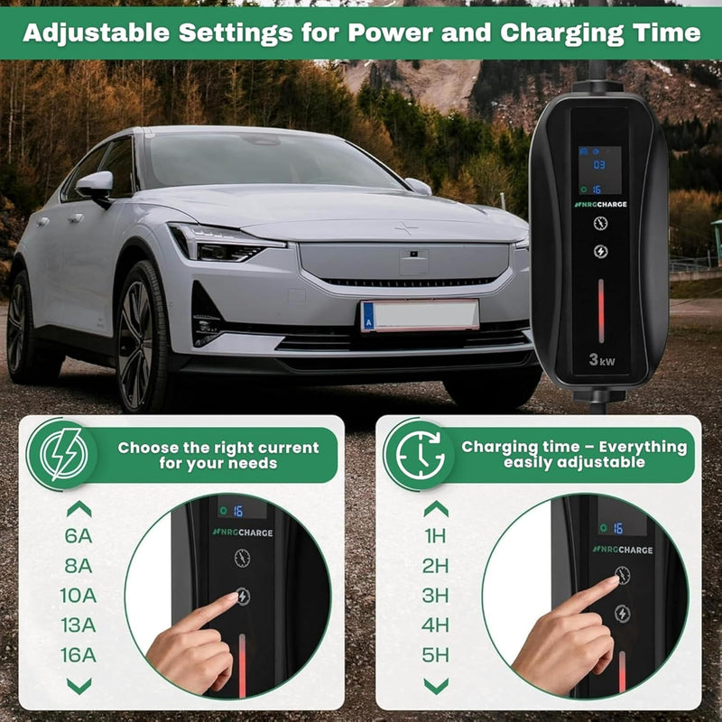 EV Charger 3 Pin Plug | Portable EV Charger Type 2, 3kW | Single Phase, Cabel, 6-13A | Electric Car Charger | Home Car Charger | Fast Charging, Compact, Travel-Friendly (3kW, 5,5 Meter)