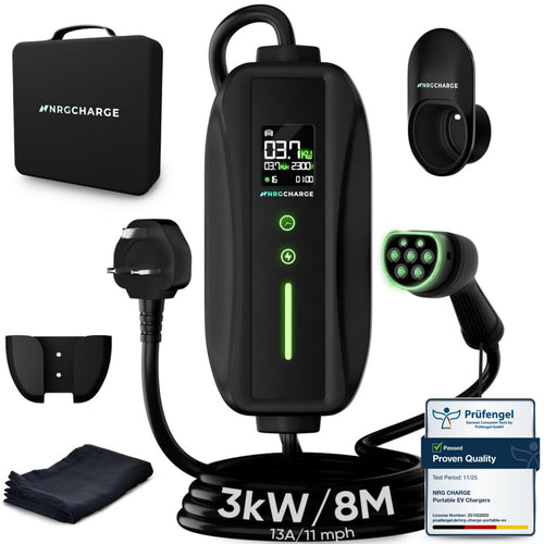 EV Charger 3 Pin Plug | Portable EV Charger Type 2, 3kW | Single Phase, Cabel, 6-13A | Electric Car Charger | Home Car Charger | Fast Charging, Compact, Travel-Friendly (3kW, 8 Meter)