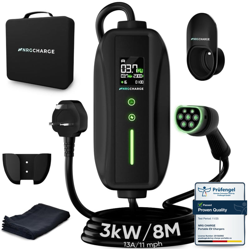 EV Charger 3 Pin Plug | Portable EV Charger Type 2, 3kW | Single Phase, Cabel, 6-13A | Electric Car Charger | Home Car Charger | Fast Charging, Compact, Travel-Friendly (3kW, 8 Meter)